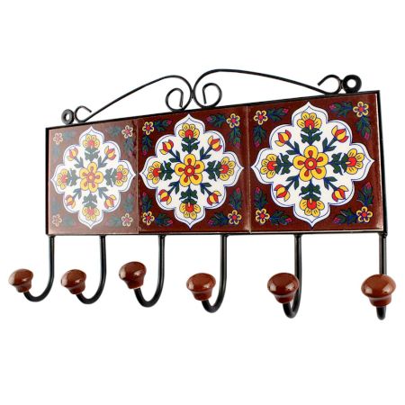 Dark Brown With White Floral Ceramic Tile Hook